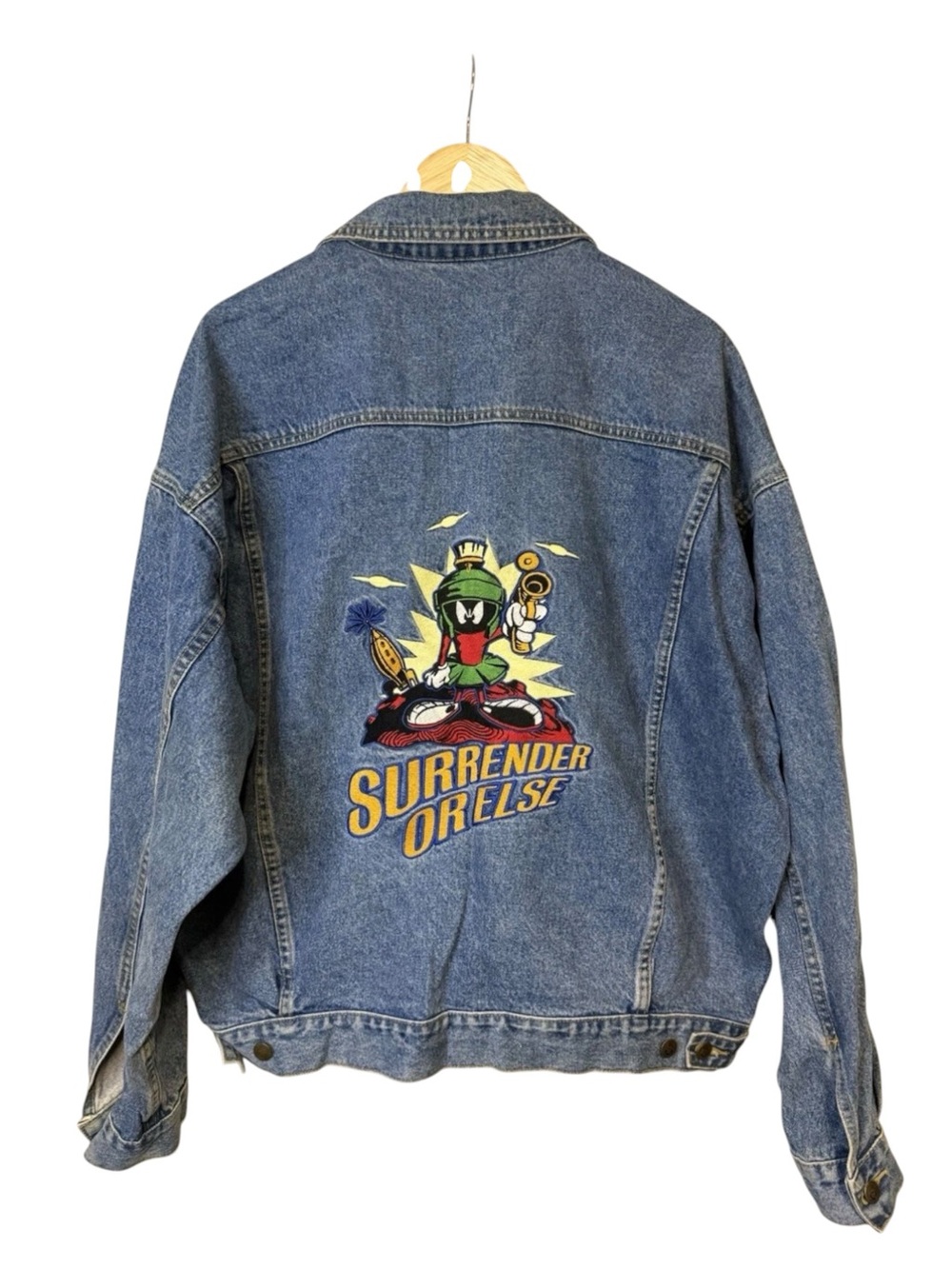 Vintage Denim Jacket with Colorful Marvin the Martian Back Graphic - Blue XL
